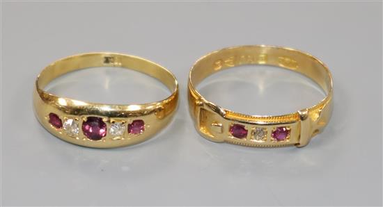 Two 18ct gold, ruby and diamond set rings, including a late Victorian buckle ring.